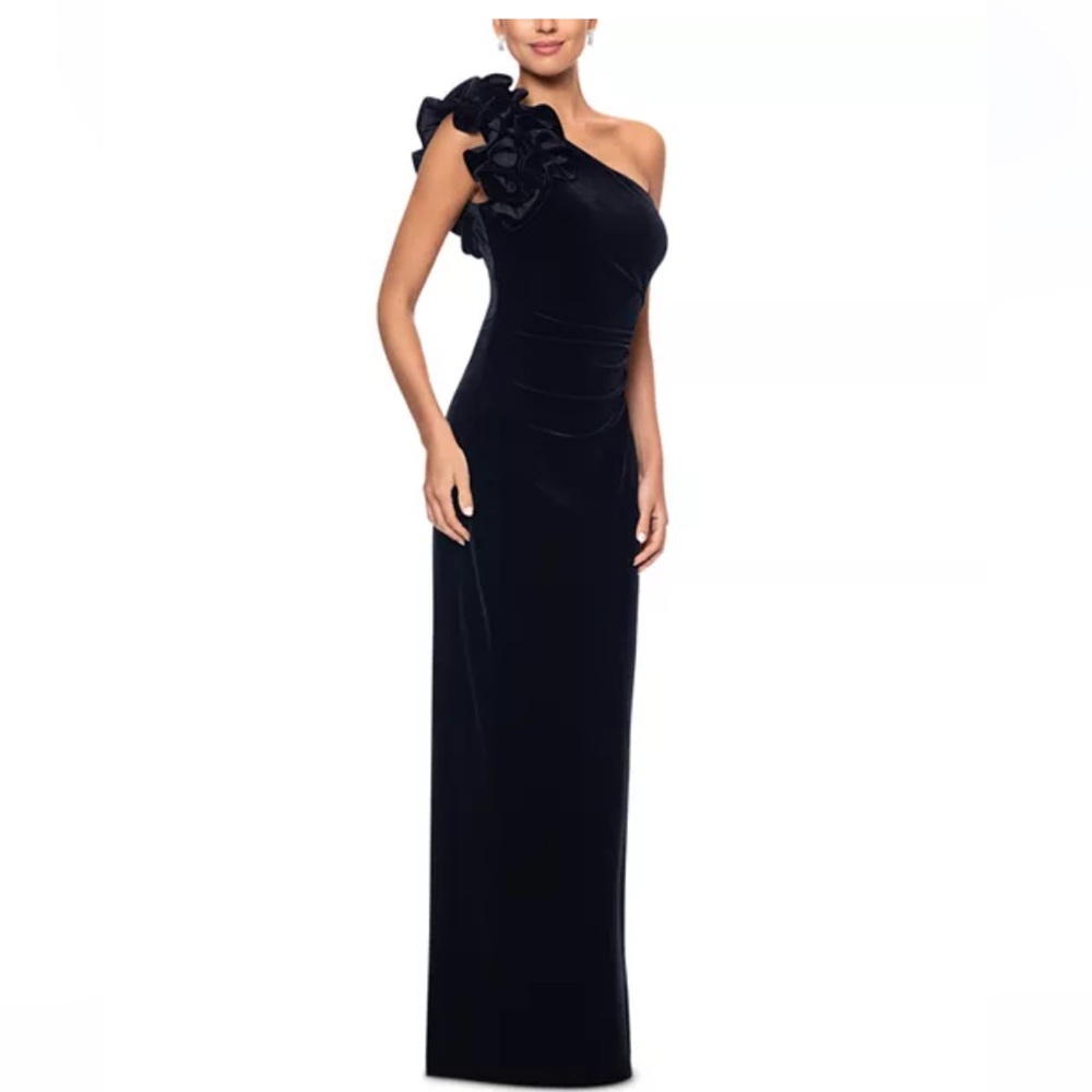 Velvet Ruffle One Shoulder Gown size 8
